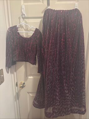 Maroon shimmer top/ skirt combo, women size 0 or girls 10-14, parties, formal